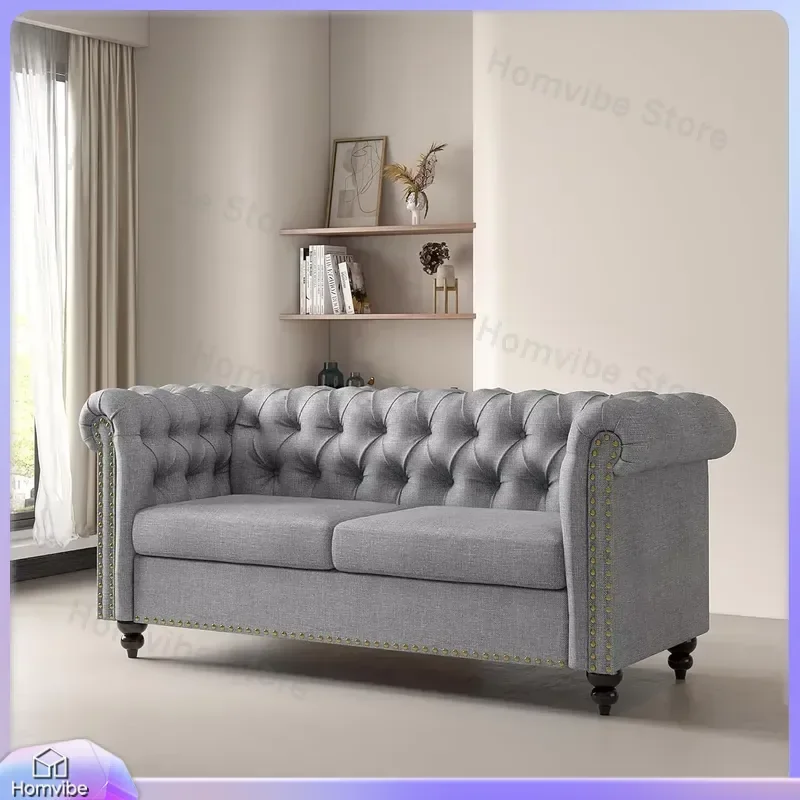 Large 2 Seater Chesterfield Sofa Button Back Linen Fabric Couch Settee for Living Room Office Bedroom Victoria Style Modern