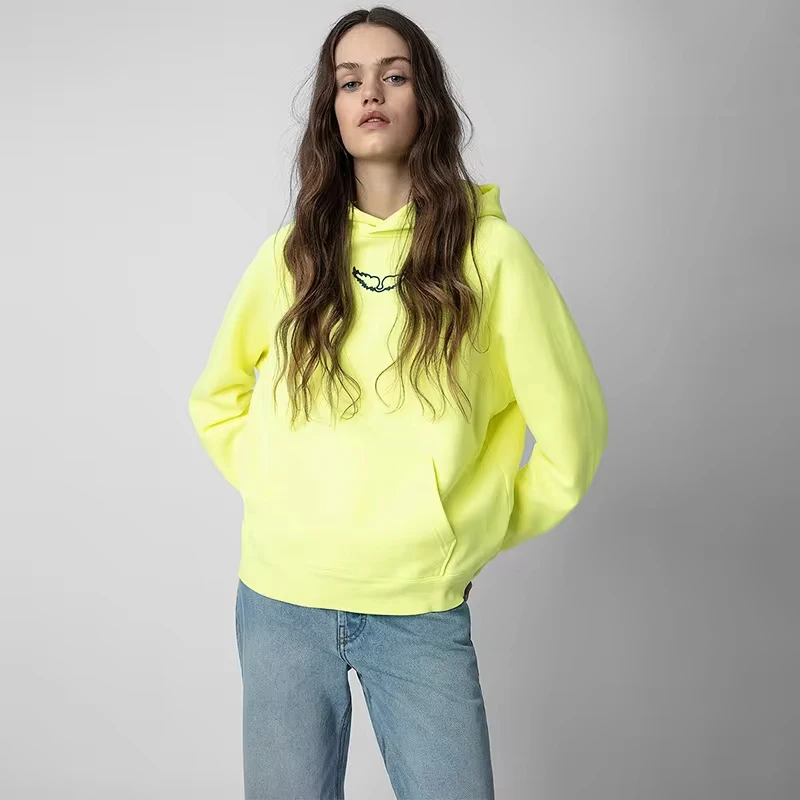 Zadig Female Hooded Sweatshirt Women Fluorescent Yellow Hoodies Grey Coconut Tree Small Winged Pullover Winter New Fleece Tops