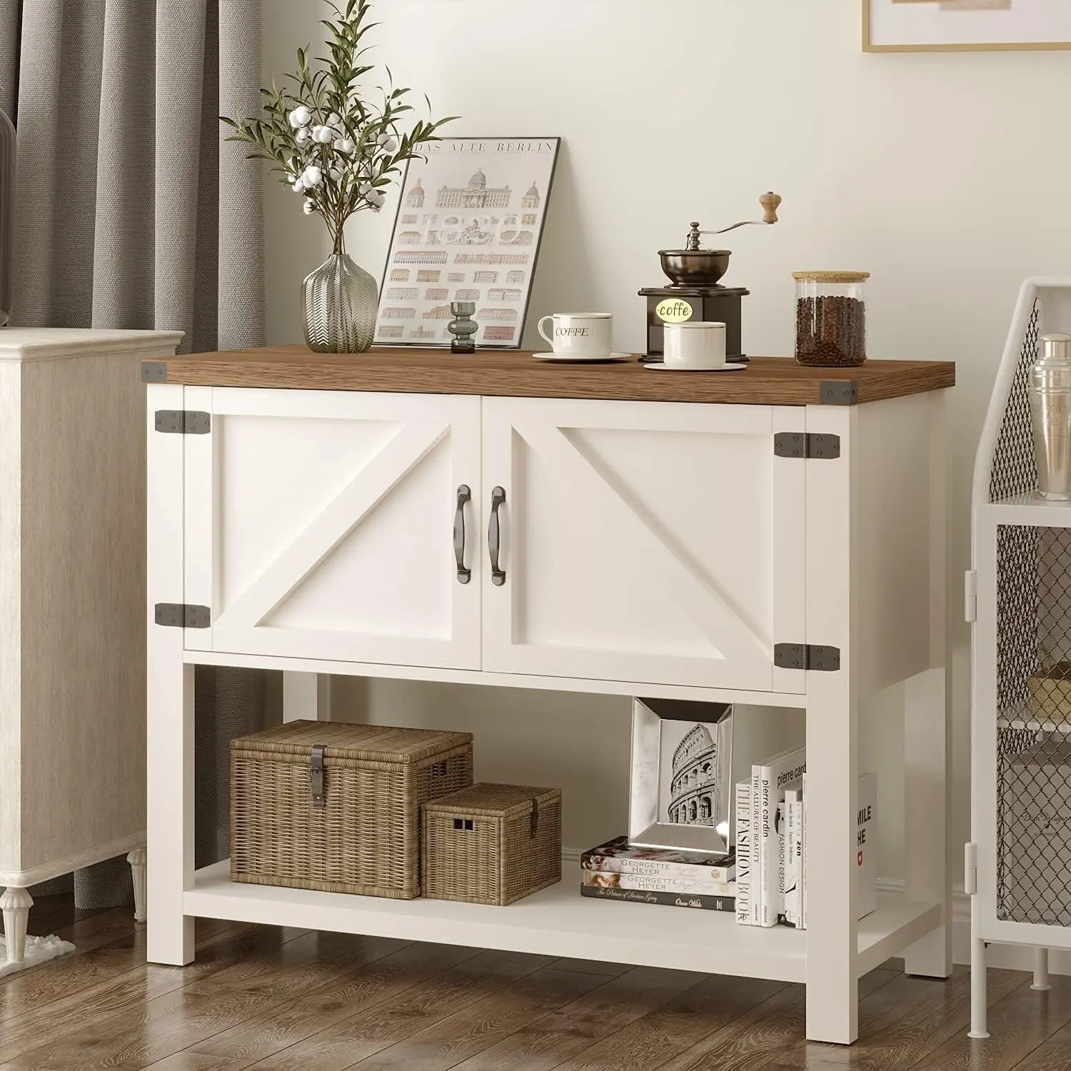 White Entryway Table Storage Sideboard Buffet Cabinet 2 Doors Bottom Shelf Accent Coffee Bar Console Living Room, Customized