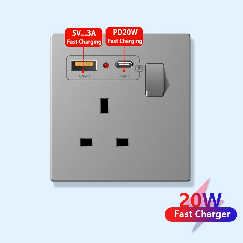 Universal Smart 3.1A USB C Wall Socket,UK Type-C 20W Fast Charging Plug Adapter Outlet,1/2/3/4 Gang Wall Light Electrical Switch