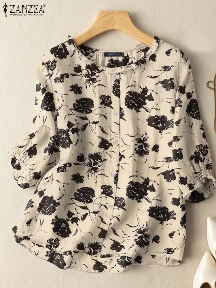 Summer O Neck 3/4 Sleeve Tops Tunic ZANZEA Women Vintage Floral Printed Blouse Casual Bohemian Party Holiday Shirt Female Blusas