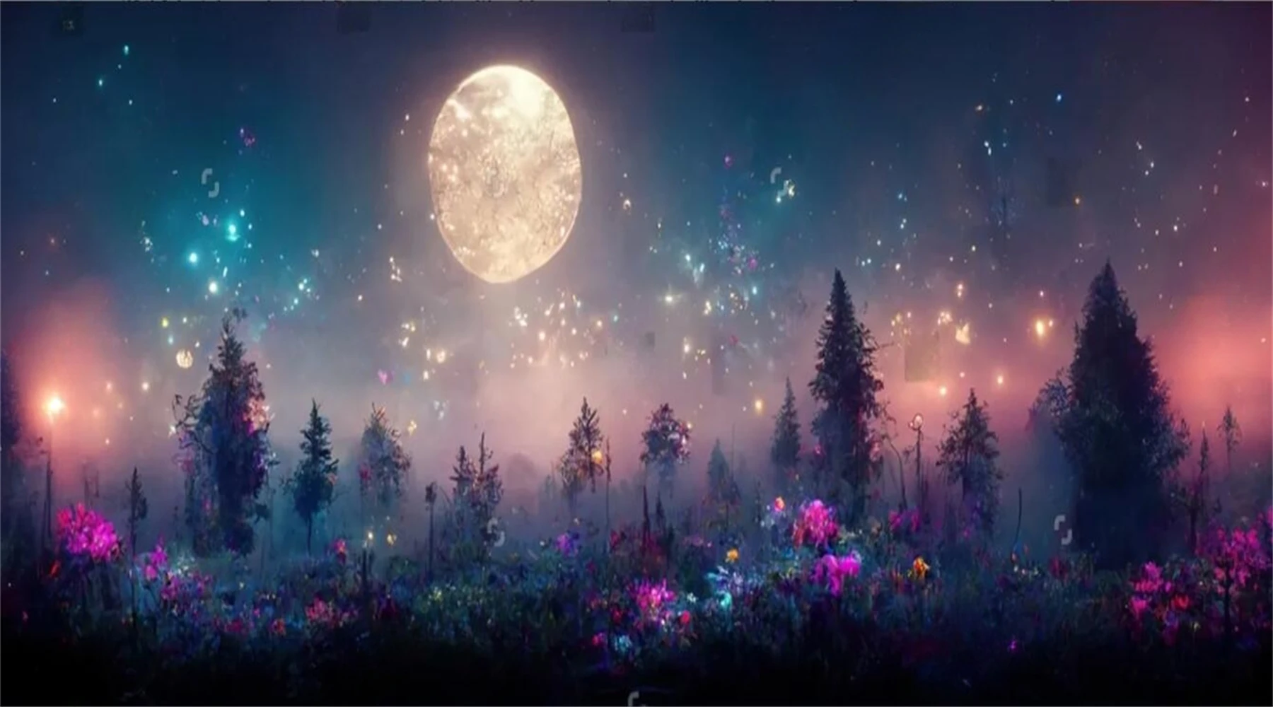 Custom wallpaper at night beautiful fairy tale forest sky bright moon illuminates the trees and large vegetation 3d wallpaper