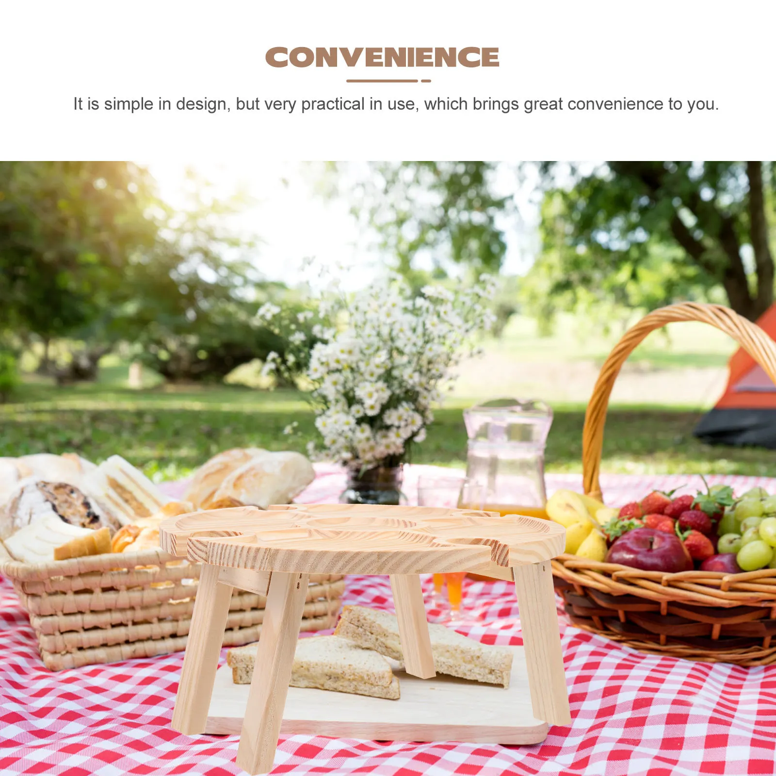 

1Pcs Portable Round Wood Picnic Table Stable Base Snacks Storage Table Wine Bottle Holder Outdoor Serving Desk