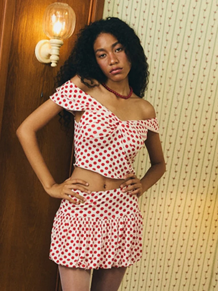 

Sisterlinda Point Print Hotsweet 2Piece Set Fashion Sexy Ruffle Off Shoulder Tops+Matching Mini Skirts Female Popular Streetwear