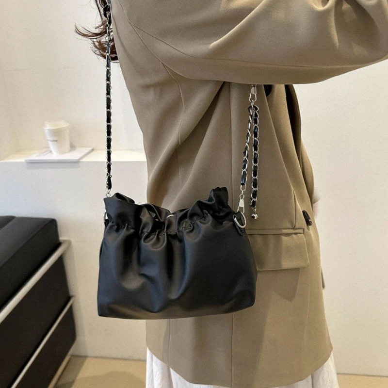 Elegant Satin Ruched Drawstring Bucket Bag with Chain Strap Shoulder Bags Fashion Summer Evening Crossbody Purse for Women