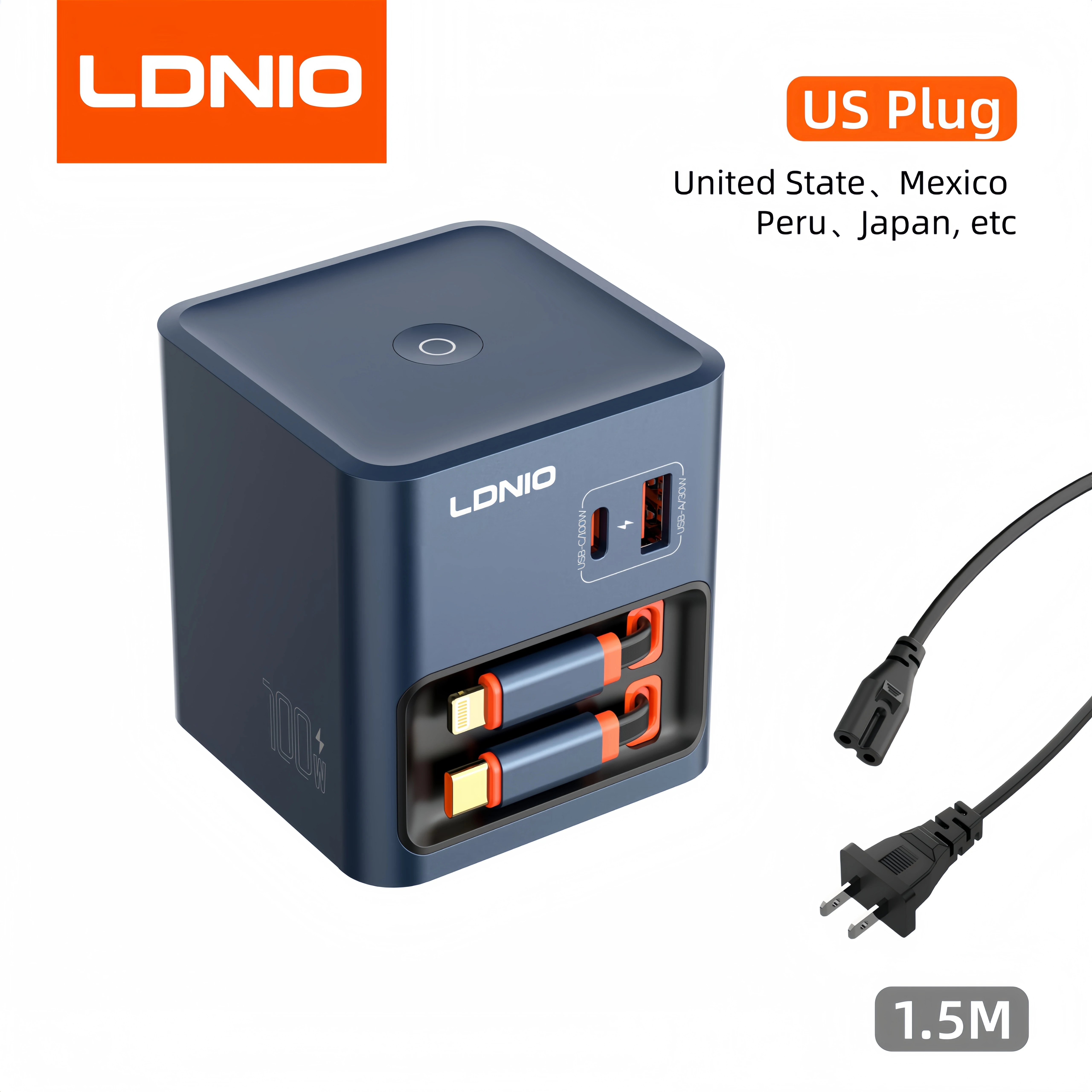 LDNIO 100W GaN USB C Snellader met Intrekbaar Kabel, Stekker EU US AU UK, PD3.0 PPS QC5 voor Laptop MacBook iPhone Samsung