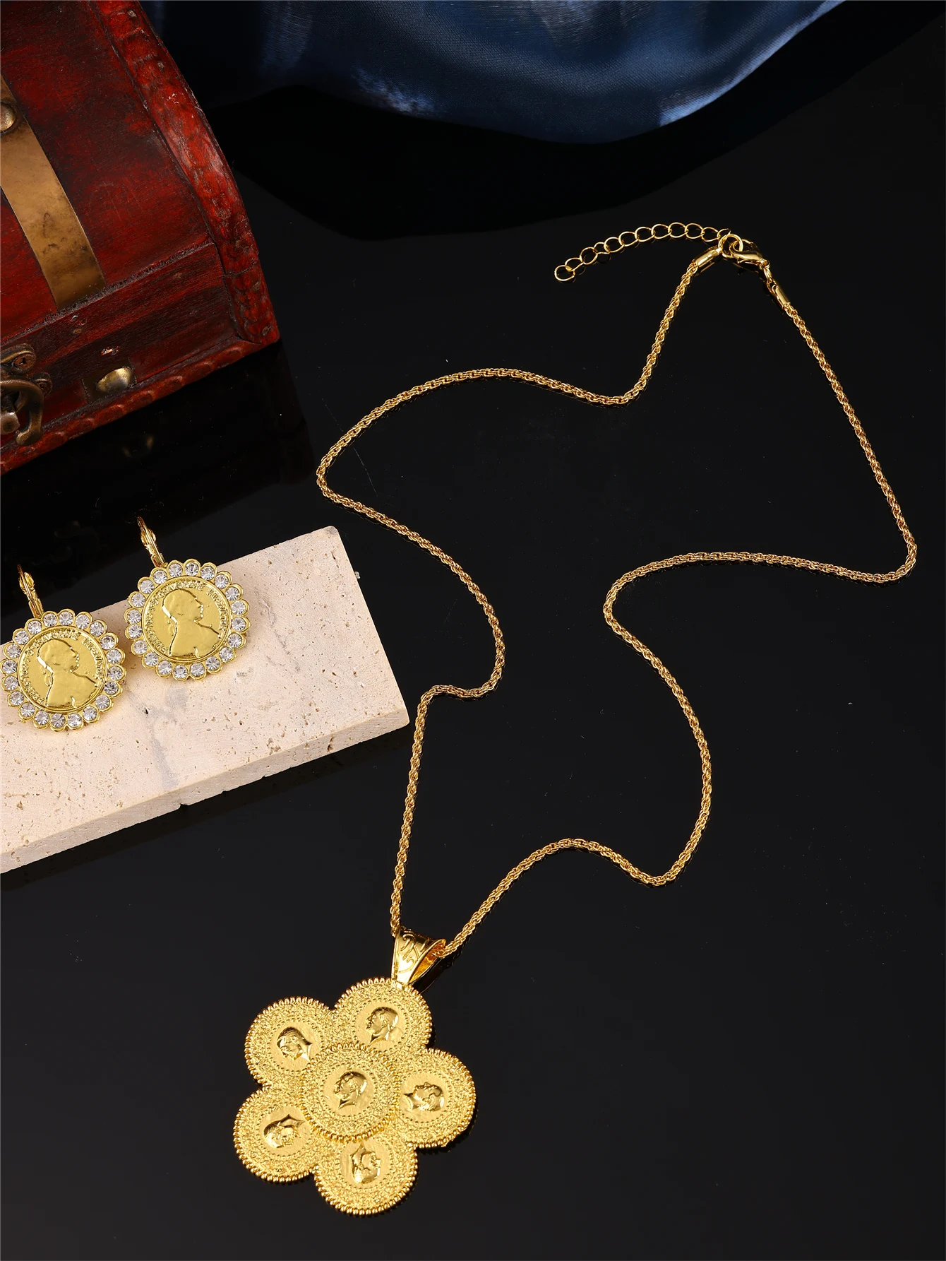 Arab Ladies' Necklace & Earring Jewelry Set - 1 Coin Design, Carved Napoleon Portrait, Bride Wedding Jewelry