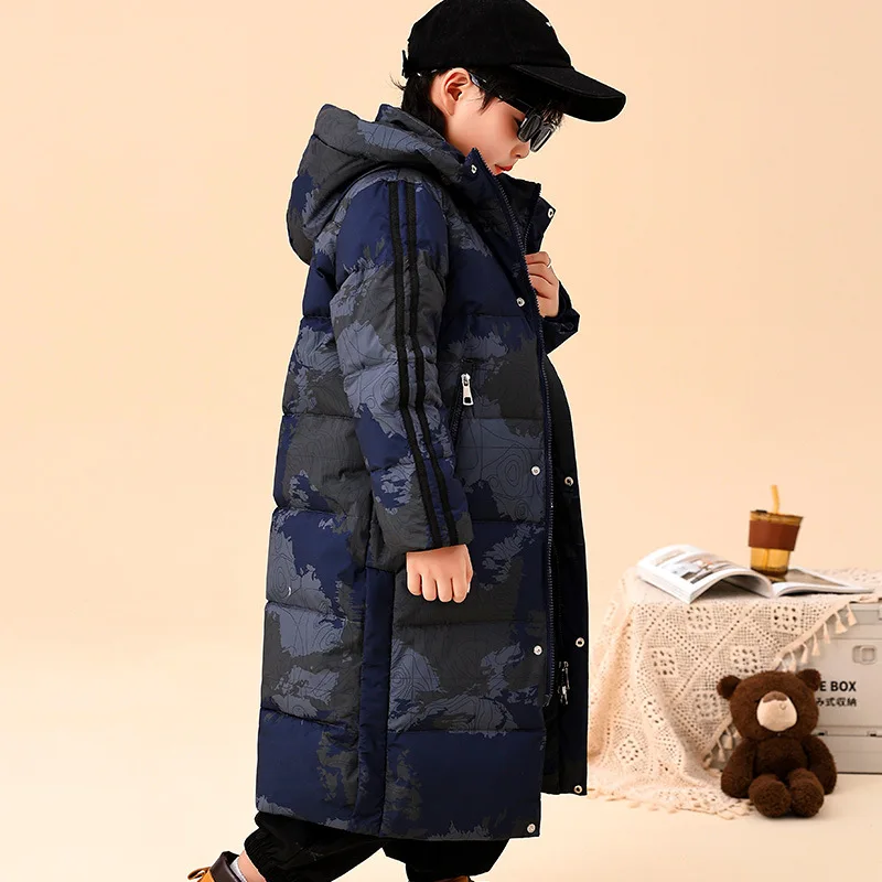 Winter Down Jacket for Kids Black Hooded Windproof Coats Teen Boys Mid-long Outerwear Children Thicken Warm Overcoat 6 8 10 12 Y