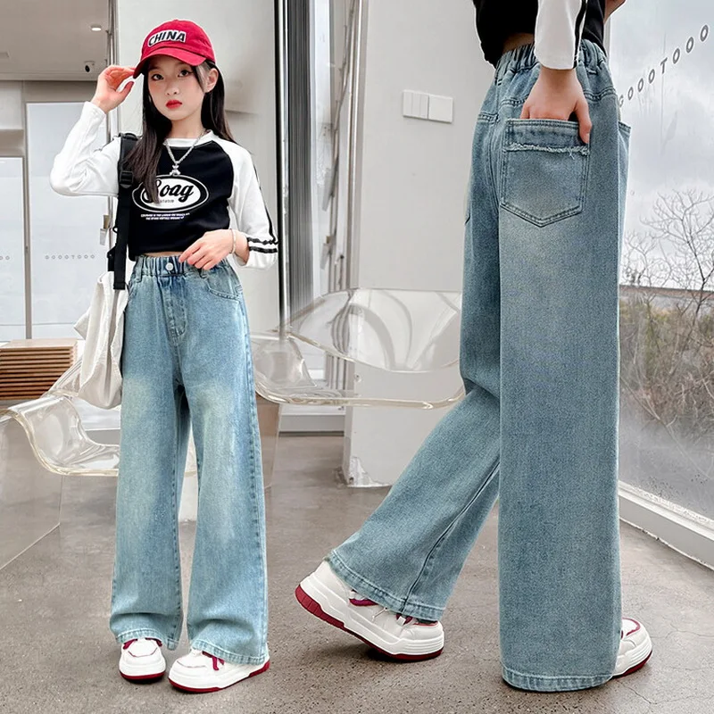 Pants Ashionable Casual Wide-leg Trousers Clothes Spring Teen Girls Heart Design Ripped Jeans Cool Streetwear Kids Blue Denim