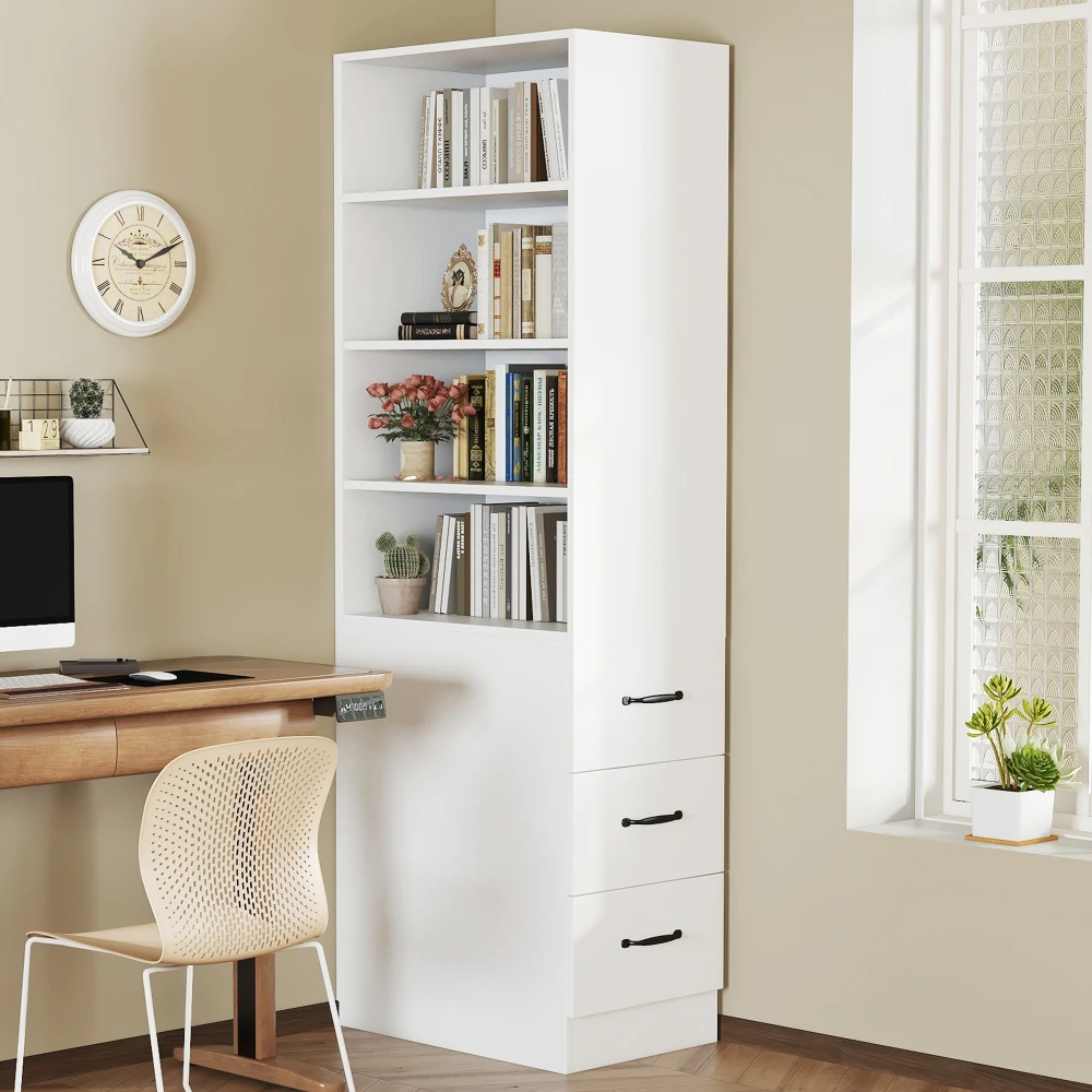 PINGGO 180cm Extra Schmales Bücherregal mit Seitenschubladen Verstellbare Regale Links-Rechts Umschaltbar Aufbewahrungssideboard für Wohnzimmer