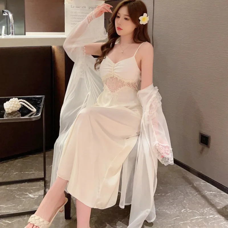 Bride Kimono Bathrobe Gown Suit Female Twinset Robe Set Lace Chemise Nightgown Summer Mesh Satin Sleepwear Nightdress Home Wear