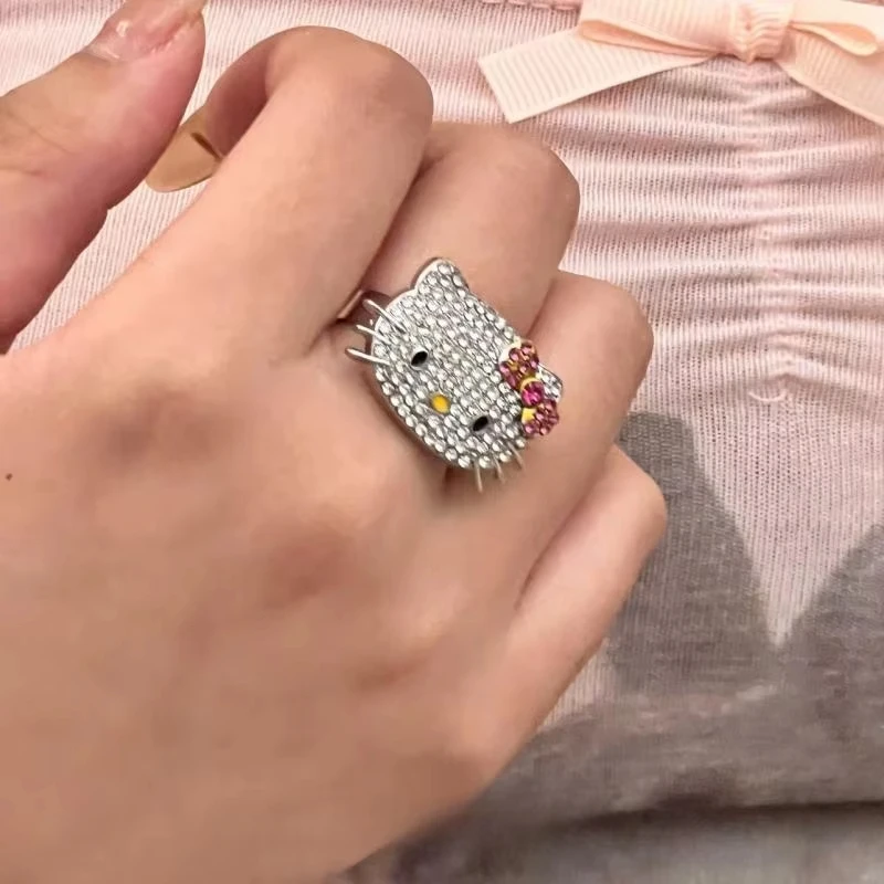 Cincin Ukuran Dapat Disesuaikan Berlian Berkilau Kucing Saturnus Y2K Kartun Perhiasan Anak Perempuan Mainan Dekoratif Hadiah Hari Valentine Kawaii