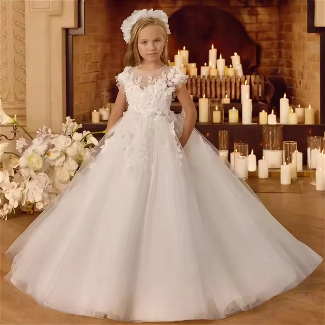 Elegant White Flower Girl Dresses For Wedding 3D Floral Lace Beading Ball Gown Birthday Party Gowns First Communion Dress