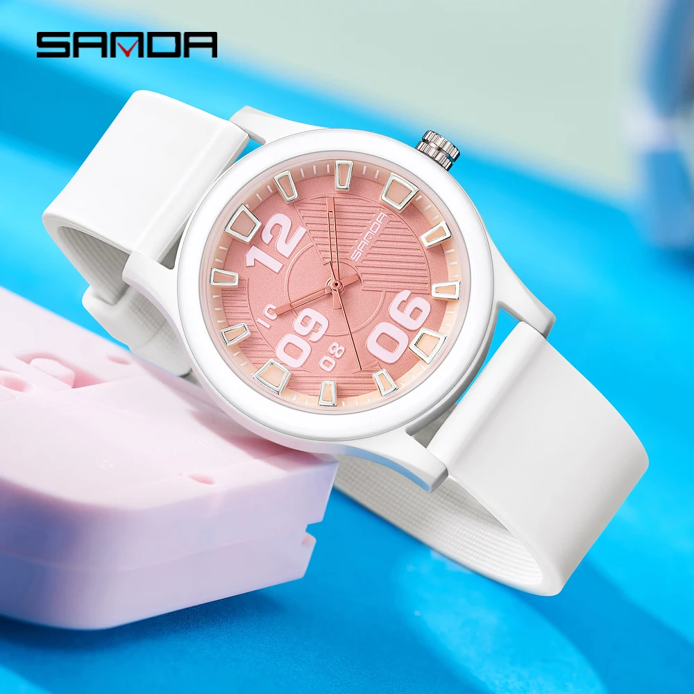 SANDA 3252 Модные студенческие кварцевые часы с силиконовым ремешком, прозрачный и простой циферблат, водонепроницаемые популярные стильные студенческие кварцевые часы 2025
