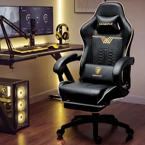 Großer und hoher Gaming-Stuhl, 350LBS, mit Massage-Lendenwirbelstütze und Fußstütze