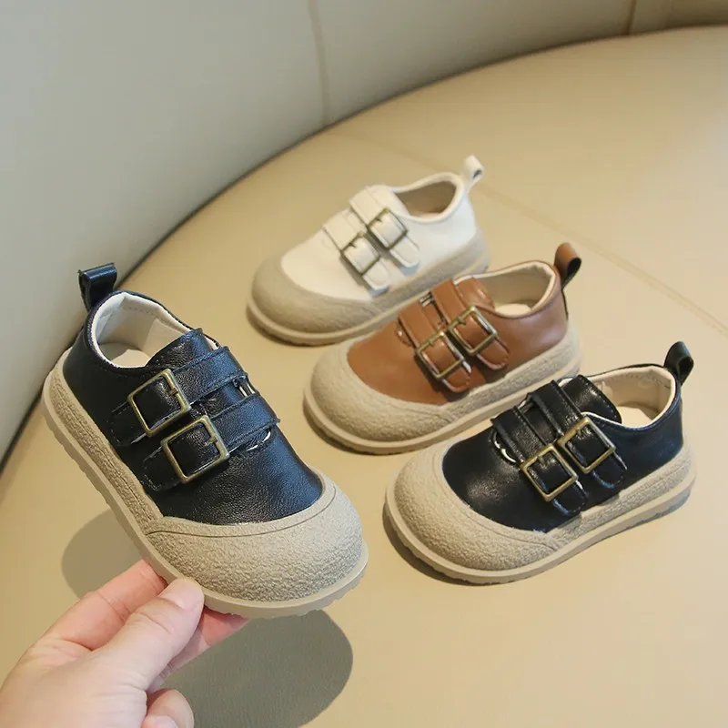 

Toddler Casual Leather Shoes with Double Buckle Straps, Soft Non-slip Sole, Durable Toe Cap for Boys & Girls Daily Wear