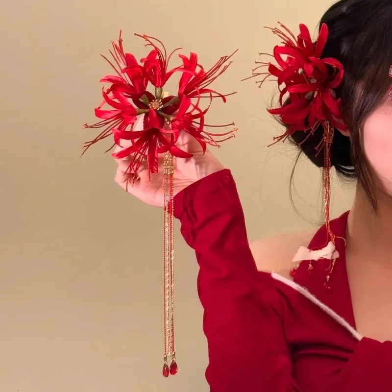 Red Shore Flower Hair Clip New Tassel Design Chinese Ancient Style Elegant Duckbill Clip Women's Side Bangs Clip Hair Accessory