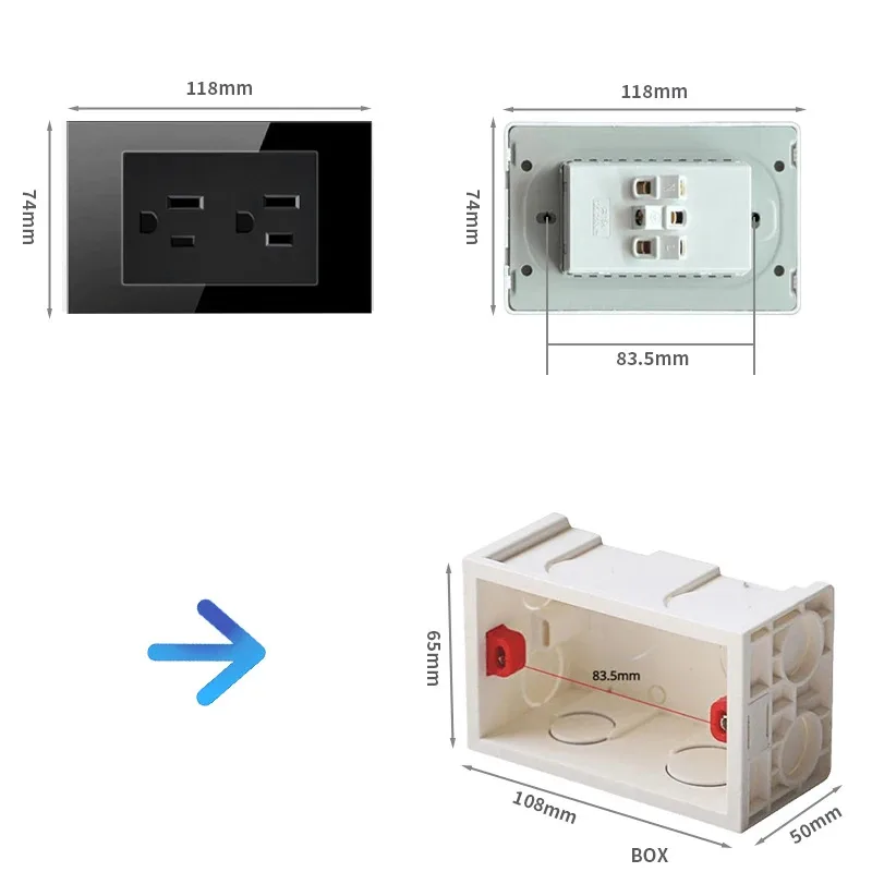 Model 118 Reset Black Glass USA Mexico Thailand Universal Socket Wall Light Button Switch Socket LED Indicator USB Charging