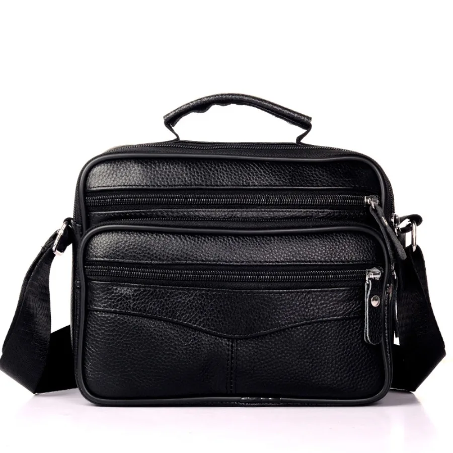 

【New Arrival】Men's Leather Crossbody Bag with Multiple Zipper Pockets, Textured Shoulder Purse with Top Handle, Black