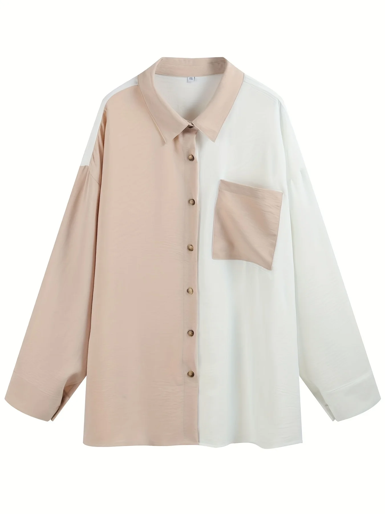 Plus Size Casual Blouse, Women\'s Plus Colorblock Long Sleeve Button Up Lapel Collar Shirt Top