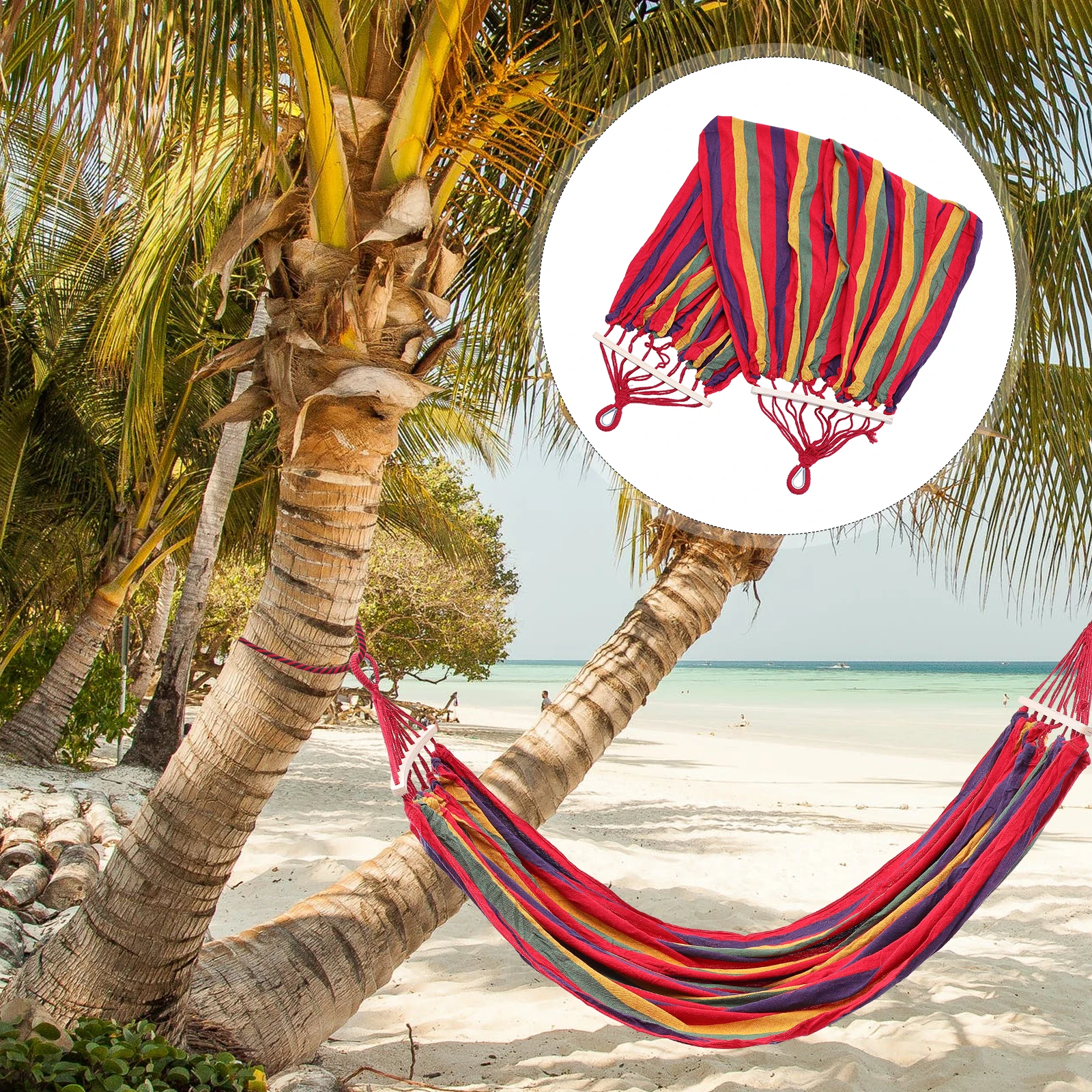 

Outdoor Hammock 190x150cm Striped Canvas Bent Rod Single Person Hanging Swing Garden Camping Travel Lightweight Portable Durable