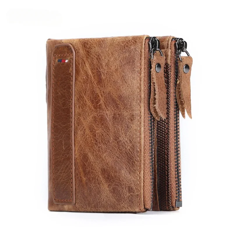 New RFID anti-theft brush top layer cowhide men's wallet genuine leather short double zipper wallet card holder luxury