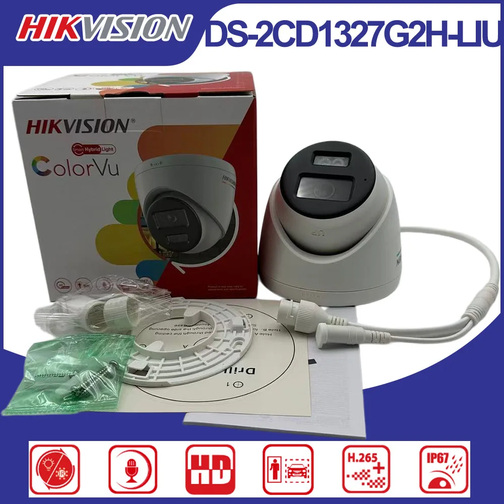 Hikvision DS‑2CD1327G2H‑LIU 2MP 1080P ColorVu Smart Hybrid Light POE Turret IP Camera Built‑in Mic Human Vehicle Detection IP67