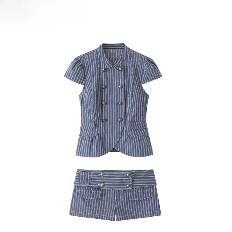 Fashionable Striped Set Women's Short Sleeve Top And Shorts Outfit Autumn Spring Summer Seasonal Wear Two Piece Ensemble