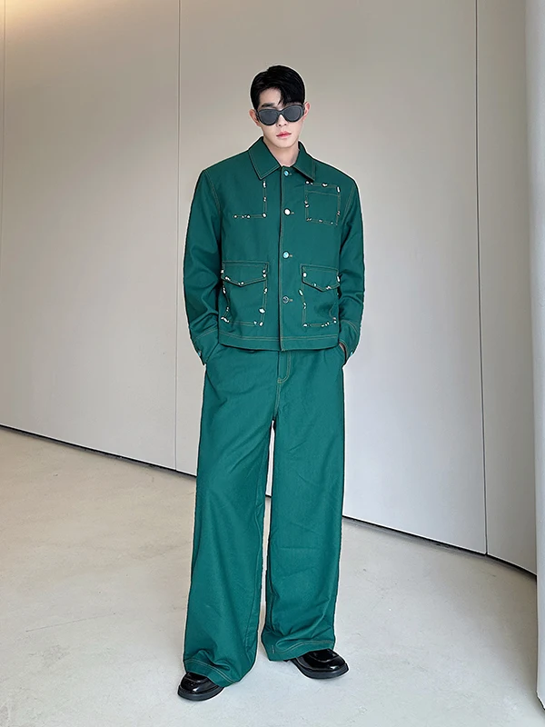 

Faionable Men's Gemstone Colion Line Jaet And Wide Leg Pants Set Heavy Industry Sle Autumn Collection Youth Wear