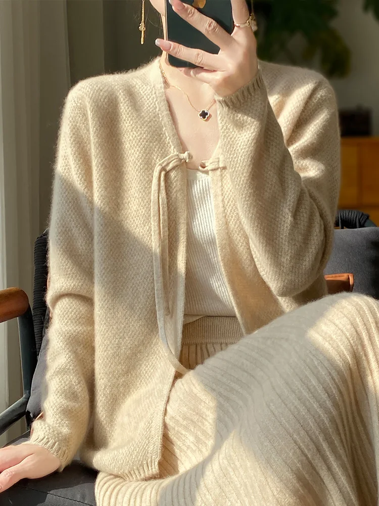 Spring Wool Cardigan Sweater Women Clothing V-neck Open Stitch Female Long Sleeve Tops Knitwears Korean Fashion New In Outerwear