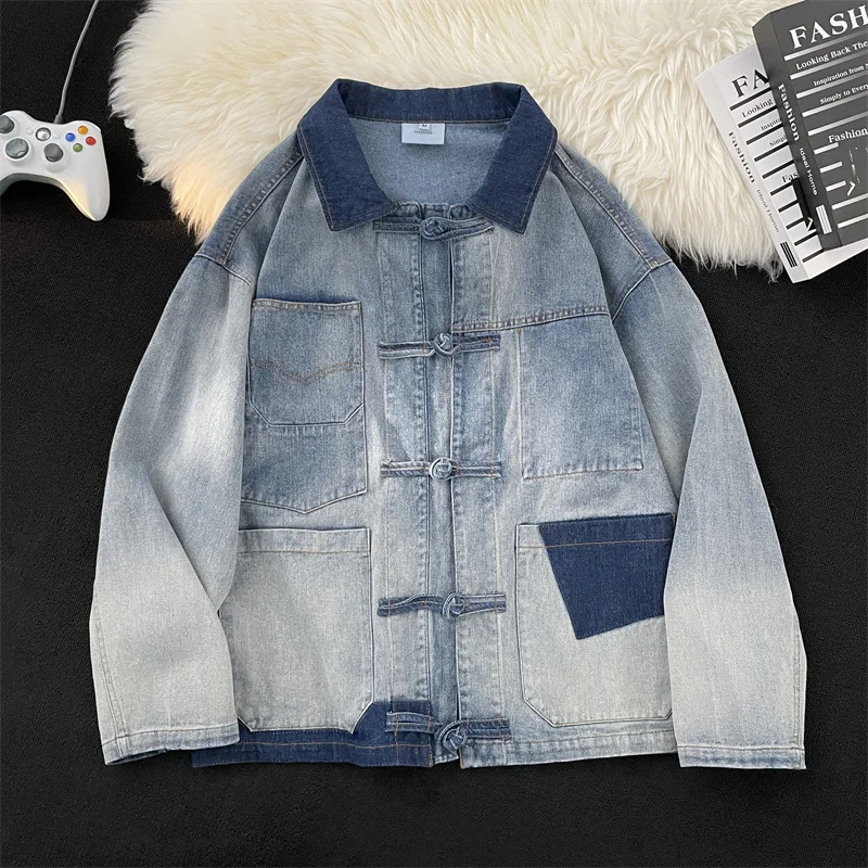 

Ретро adient Color Splicing Свободный крой Мужская джинсовая куртка Новый китайский Sle на пуговицах Street Sle Модная рабочая одежда с воротником Jaet