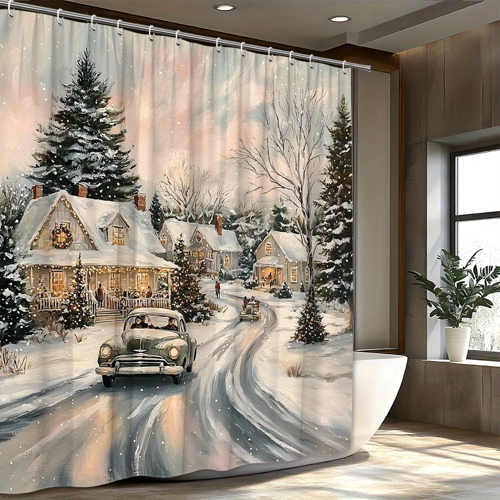 Christmas Shower Curtain - Vintage Green Car Family Christmas Drive Snowy Village Scene with Festive Lights