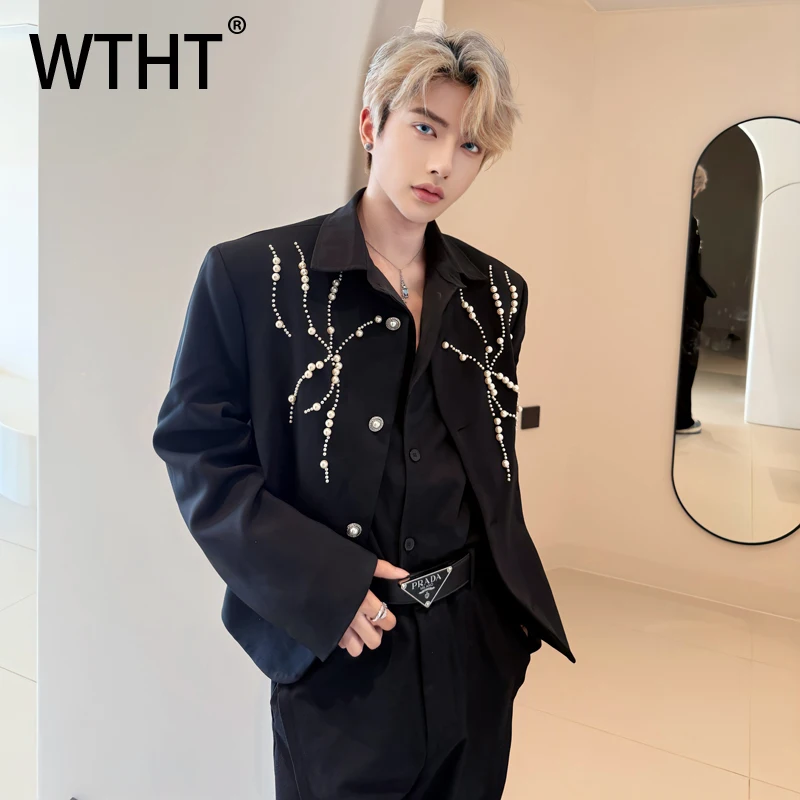 

WTHT Trendy Men‘s Heavy Industy Beads Shoulder Pads Blazer Coats Fashion Lapel Single Breasted Jackets Male 2025 Autumn 2A2138