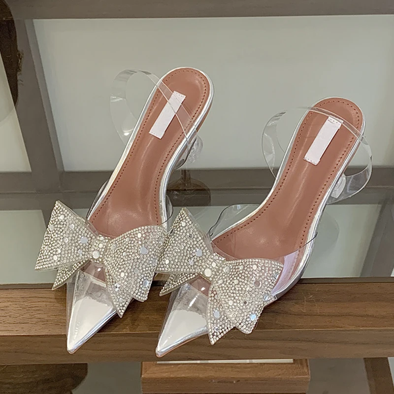 

Aneikeh Pointed Toe Sequined Bowknot Pumps Elegant Wedding Fashion PVC Transparent Women Prom Clear Crystal Heels Shoes
