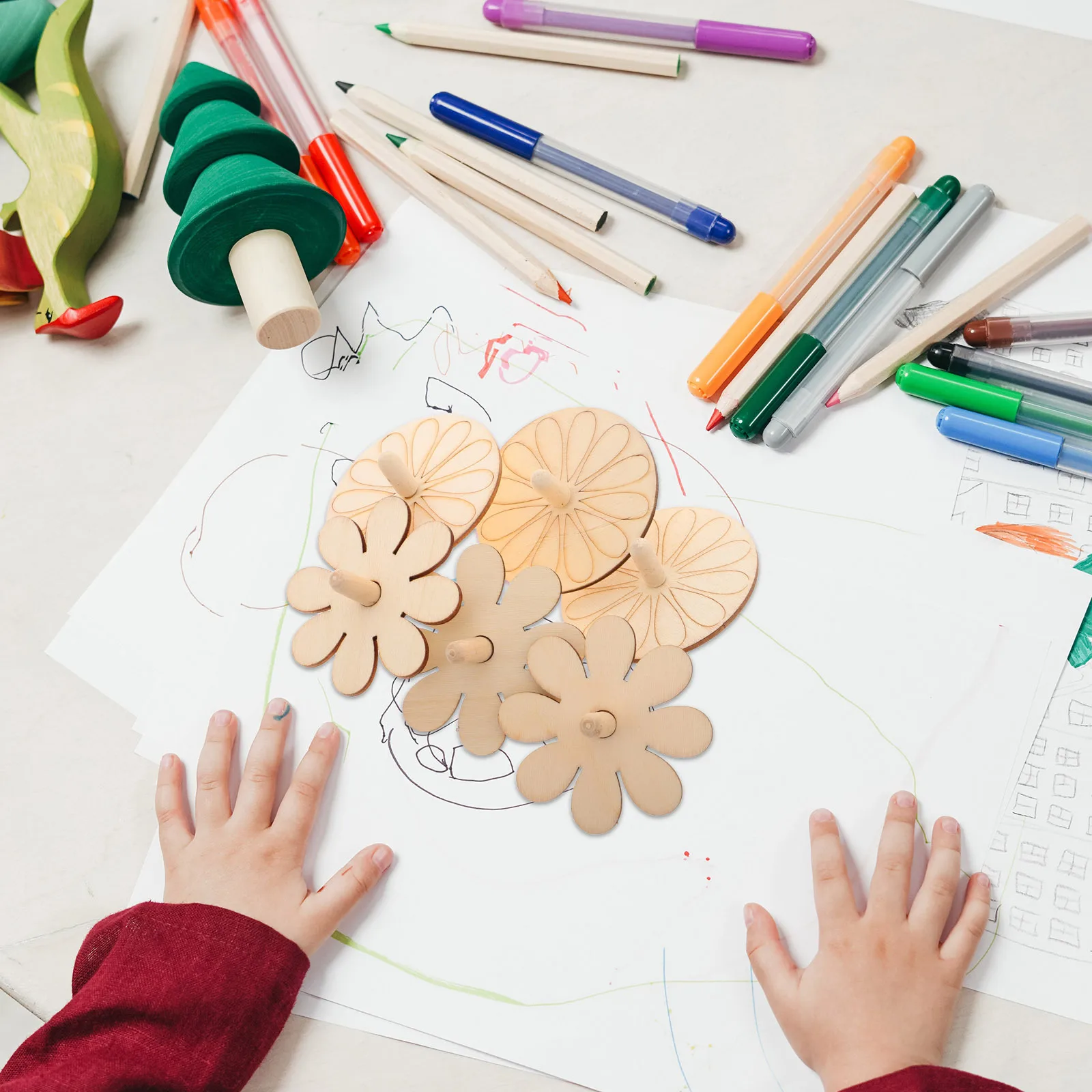 6개 미완성 나무 자이로스코프 천연 목재 DIY 페인팅 프로젝트 손과 눈의 협응력 향상 운동 능력 다중 색칠