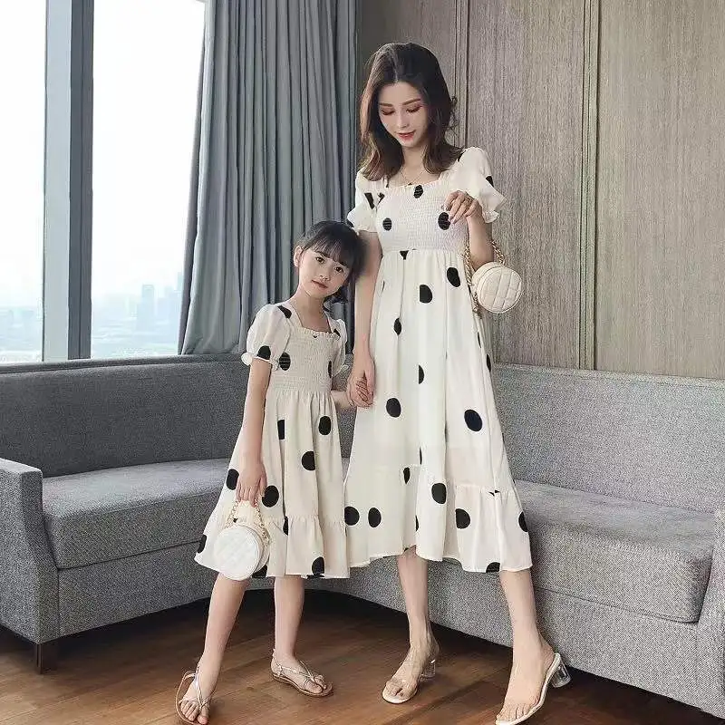 Mother and Girls Polka Dot Dresses Summer New Fashion Children\'s Clothing Small Fresh Puff Sleeve Parent-child Princess Dress 8y