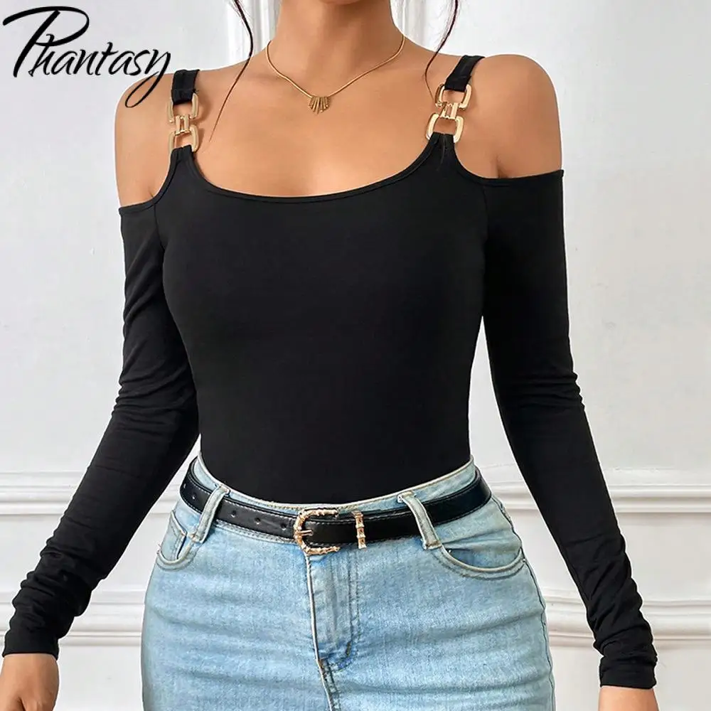 Phantasy Fashion Black Metal-Clip Suspender Strap Top Women Sexy Slim Fit T-shirt Casual Basic Streetwear 2026 Autumn Outfits