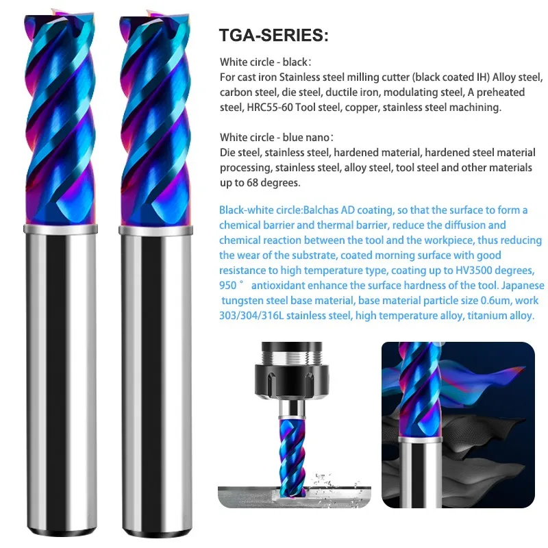 AZZKOR-TGA-HRC70 4-Flauta Azul Nano Revestimento Falt Fresa, Carboneto De Aço De Tungstênio, CNC Centro Mecânico End Mill Ferramentas