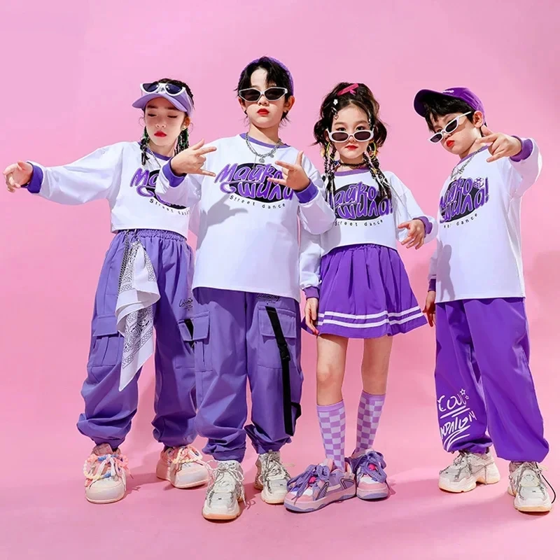 Boys Jazz Vest Sweatshirts Street Dance Hip Hop Girls Crop Top Skirts Purple