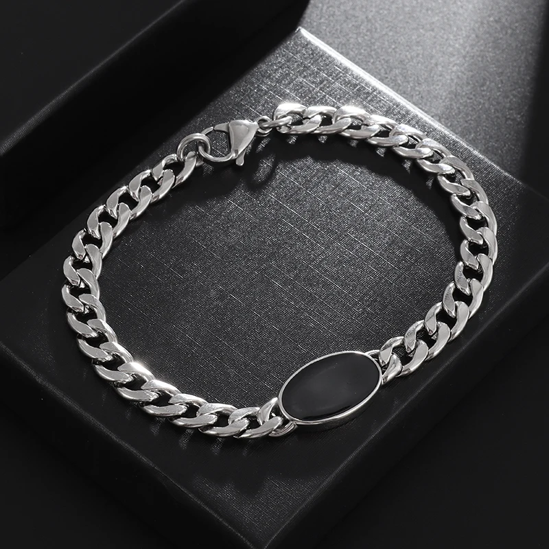 Men\'s Popular Stainless Steel Cuban Chain Bracelet Black Zircon Charm Cool Street Party Jewelry Gift