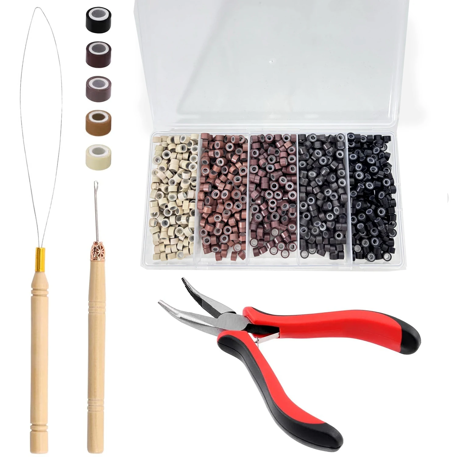 طقم وصلات الشعر، بما في ذلك 1000 قطعة 5 ألوان خرزة وصلات الشعر مع كماشة الشعر، وحلقة خطاف السحب وإبرة هدية عيد الميلاد