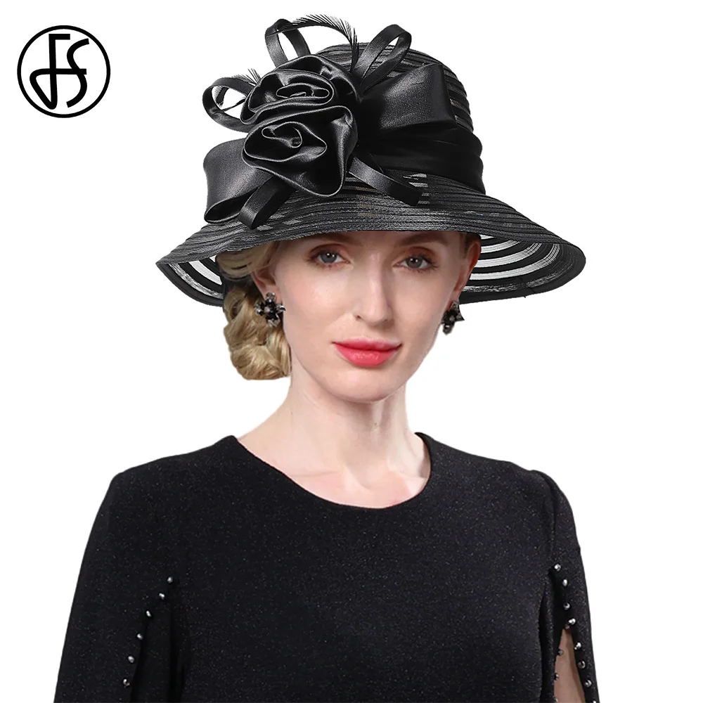 FS 2024 New Summer Wide Brim Organza Sun Hats For Women Floppy Beach Cap Elegant Flower Wedding Church Kentucky Derby Fedoras