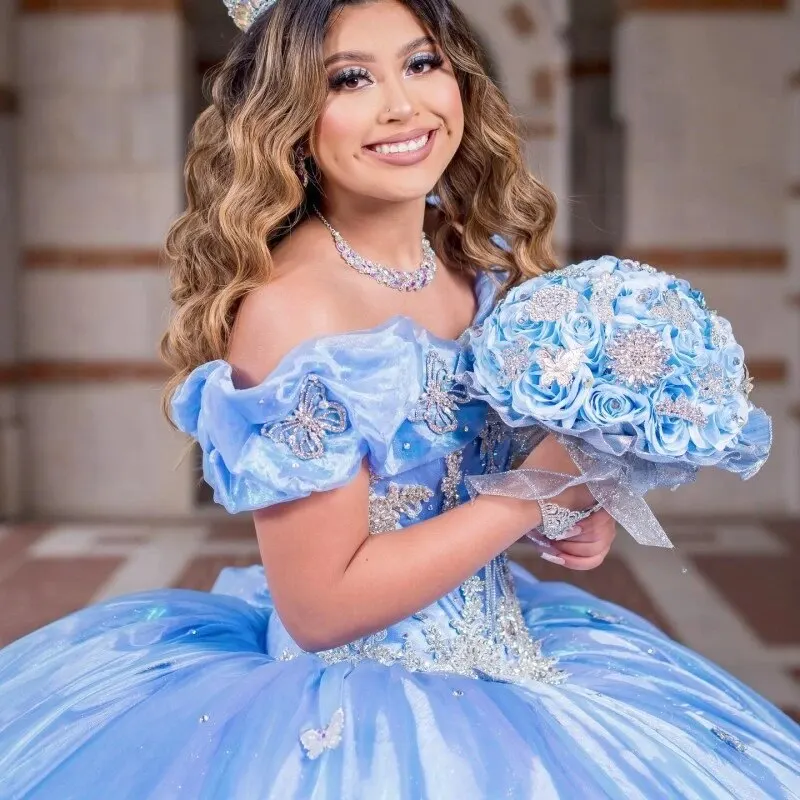 Vestido azul para quinceañeras con hombros descubiertos, sin mangas, para 15 niñas, Vestido de baile con cuentas de encaje, Vestido Formal con lazo, vestidos de graduación personalizados