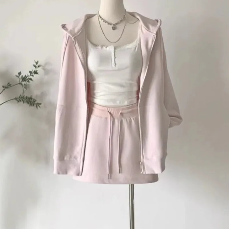 Autumn New Women's Loose Zip Up Hooded Sweatshirt and Short Skirt Two-piece Set Korean Fashion Casual Hooded Cardigan Coats Y2k
