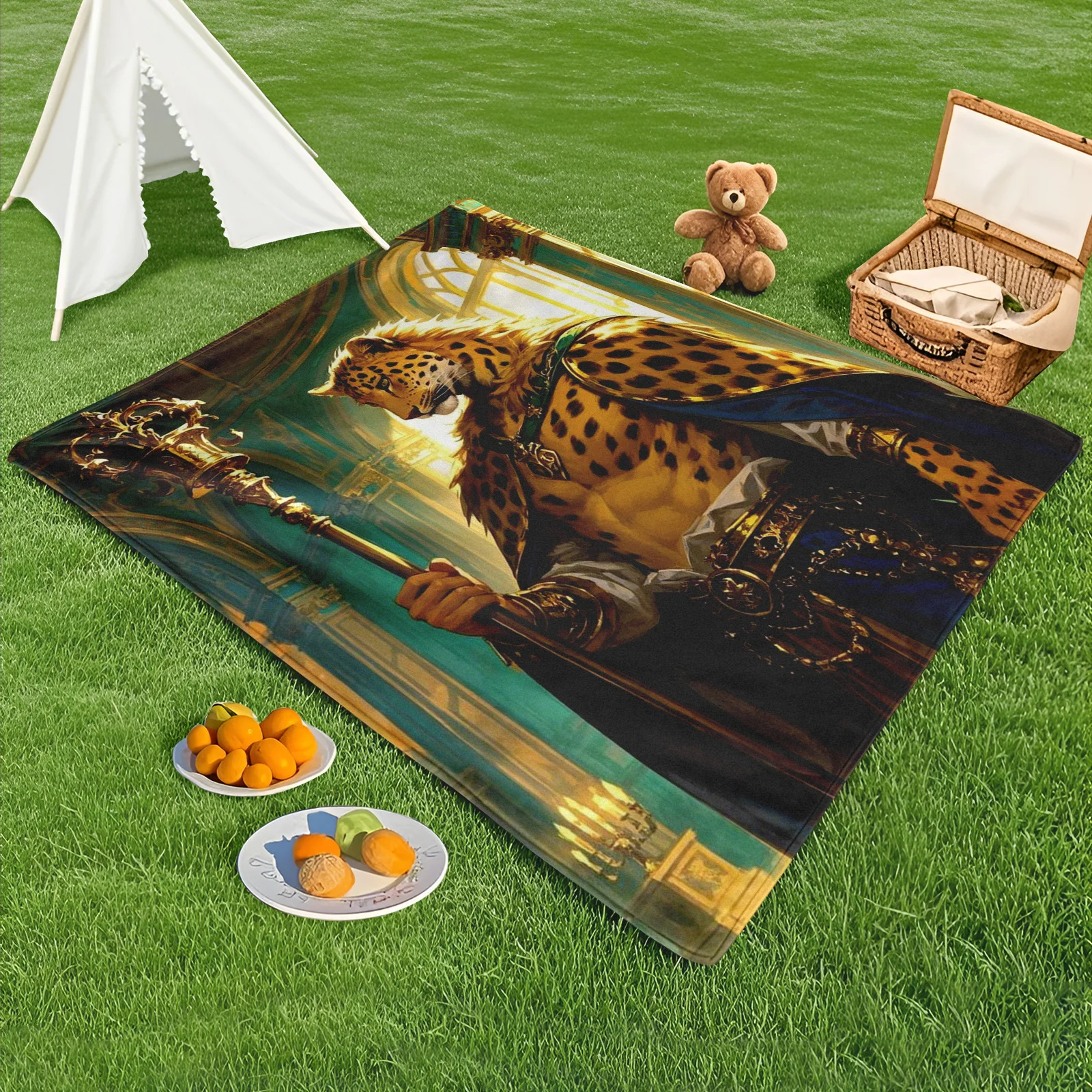 Regal Leopard Print Throne Style Anthropomorphic King Fantasy Outdoor Blanket For Cozy Elegance