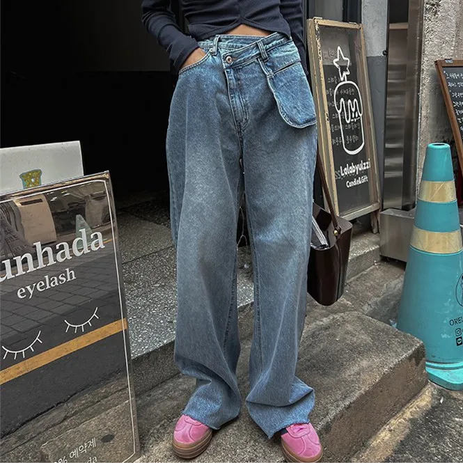 

Женские джинсовые джинсы, однотонные брюки с карманами на молнии, свободные брюки с высокой талией и диагональной планкой, легкие эластичные повседневные брюки, весна 2023 г.