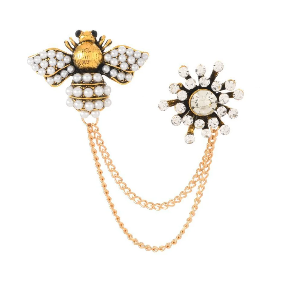 Vintage Pearl Bee Brooch Pearl Studded Diamond Chain Pin Pearl Bee Chain Coat Suit Chest Flower Pins Decoration Accessory