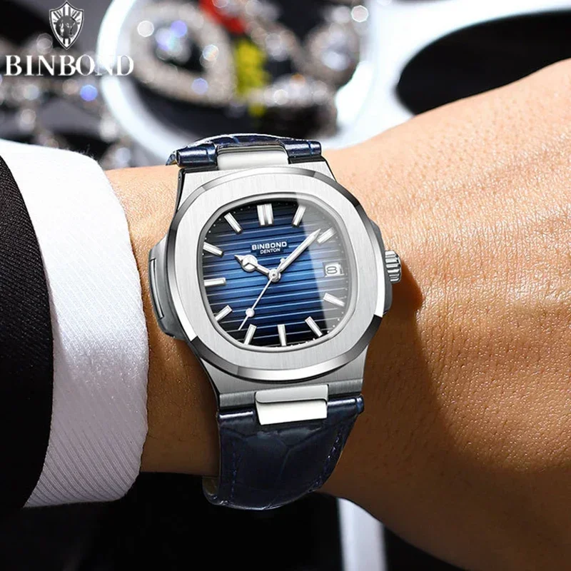 BINBOND ใหม่แท้ชายหนุ่มควอตซ์ Watchwith แฟชั่นสายหนังกันน้ําปฏิทินธุรกิจหรูหรานาฬิกาผู้ชาย