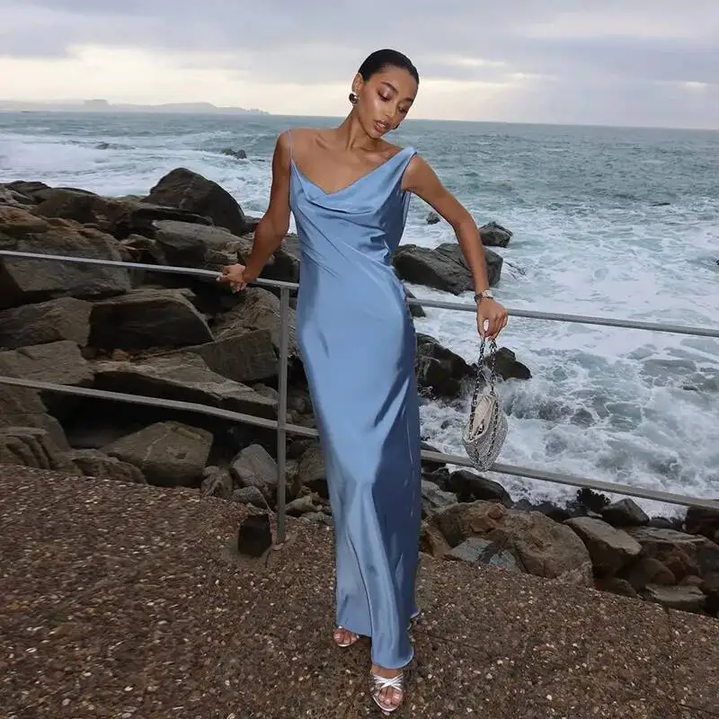 حزام 25237 السباغيتي مثير عارية الذراعين الساتان ثوب فستان طويل Ins نمط فستان سهرة أنيق 2025 فستان صيفي رداء Vestido النساء