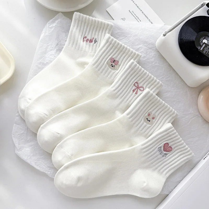 1/5 Paar Damen-Kurzsocken mit Schmetterlingsknoten-Muster, modisch, süß, Cartoon-Kaninchen-Druck, weich, bequem, für alle Jahreszeiten, lässige Socken – Detail 4